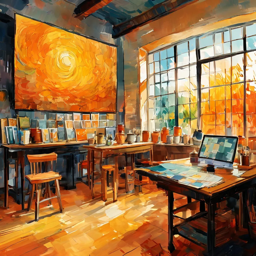 A digital illustration portraying an online learning environment with art elements and visual references to Vincent van Gogh's paintings, representing the Van Gogh Museum's masterclass.