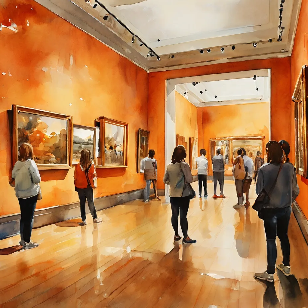Una sala de exposiciones en el Museo Van Gogh, mostrando pinturas de Van Gogh y sus contemporáneos, con visitantes admirando las obras de arte.
