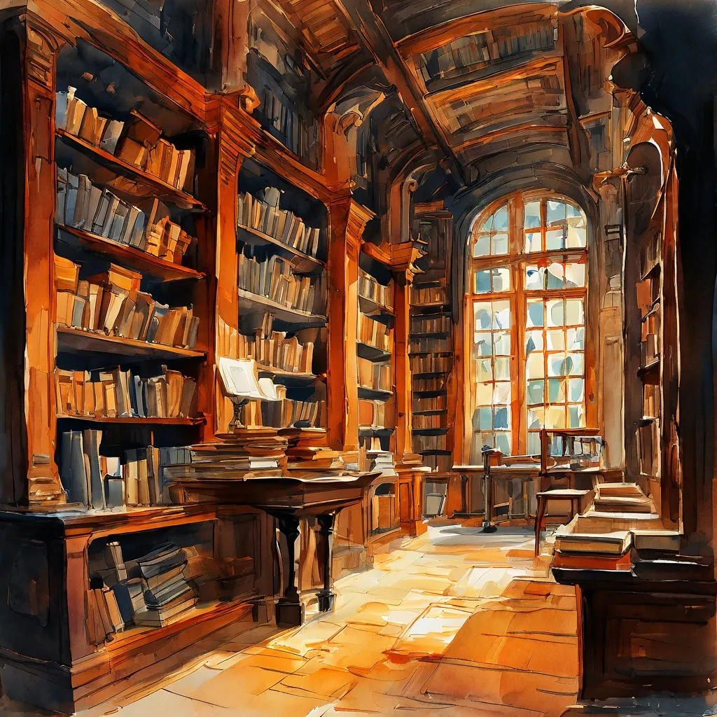 Una representación artística de una biblioteca antigua en el Museo Van Gogh, llena de libros y evocando una sensación de descubrimiento intelectual ligado al arte de Van Gogh.