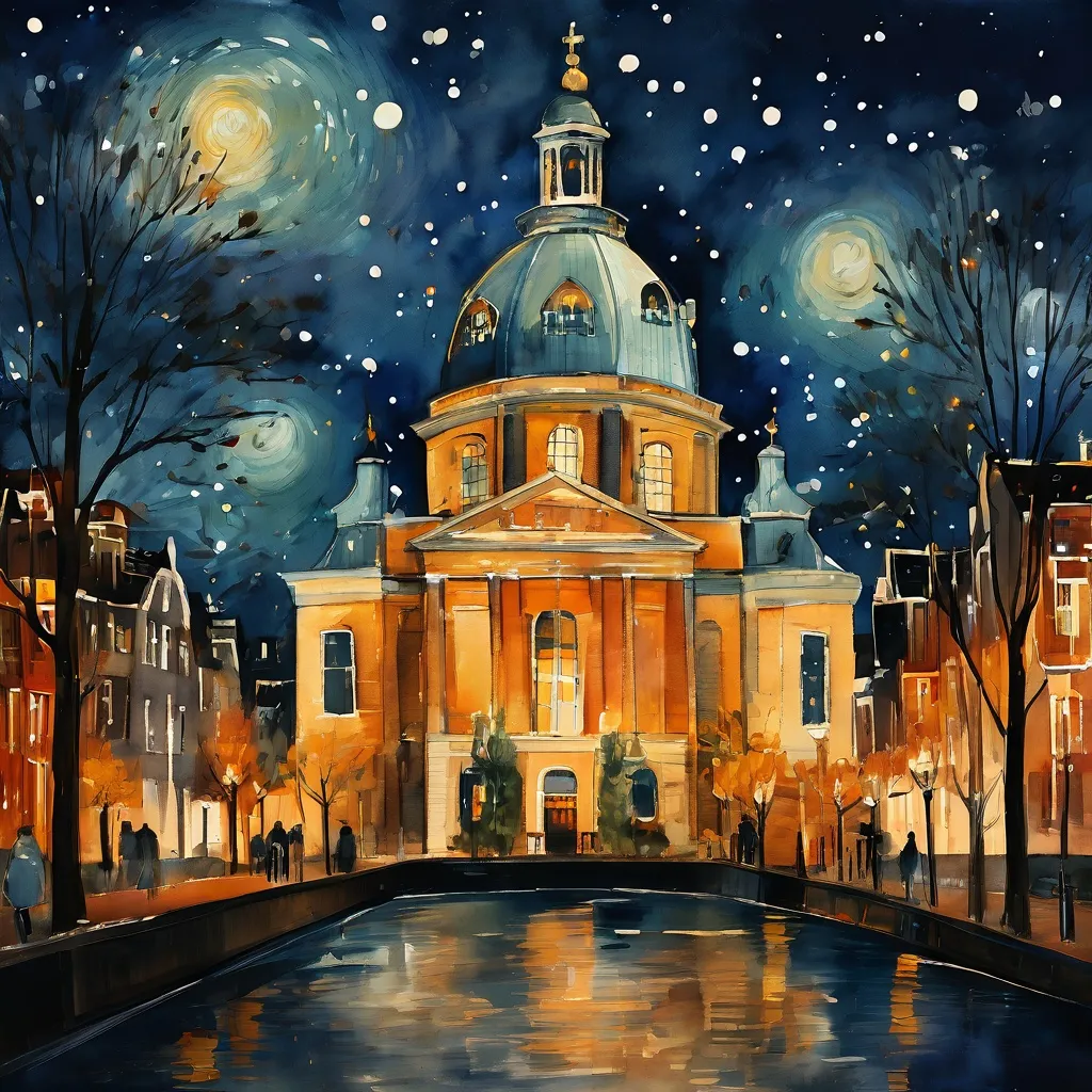 A celebratory depiction of the Van Gogh Museum building in Amsterdam, symbolizing its 50th anniversary with festive and historical elements.