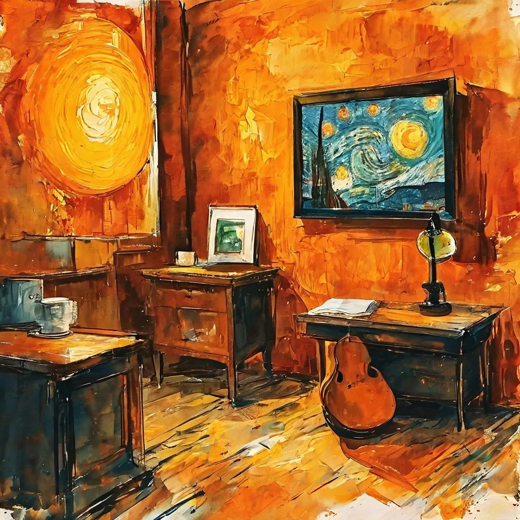 Een levendige digitale weergave van een veilingzaal, met een prominente veilinghamer en een groot scherm waarop een kunstwerk wordt getoond, wat symbool staat voor de online kunstveiling van het Van Gogh Museum.