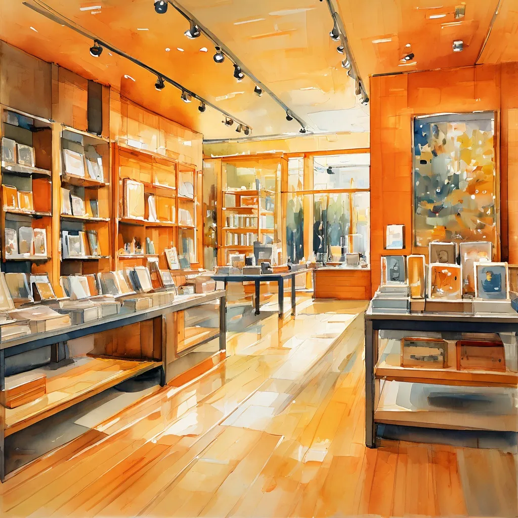 Interior de una tienda de regalos de museo moderna y luminosa en el Museo Van Gogh, que muestra estantes llenos de libros, láminas y productos inspirados en el arte.
