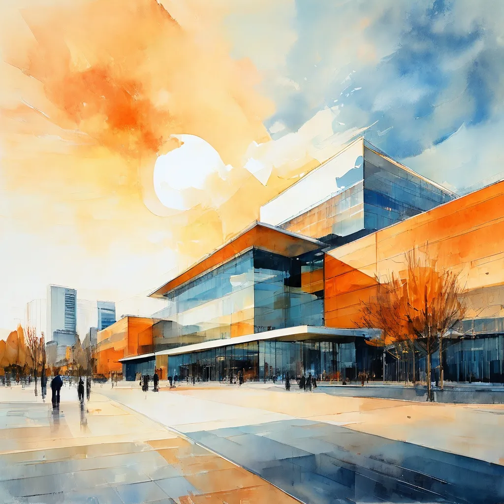 Stylizowana ilustracja przedstawiająca przywództwo i transformację w Muzeum Van Gogha, z subtelną interpretacją architektury muzeum na czystym tle.