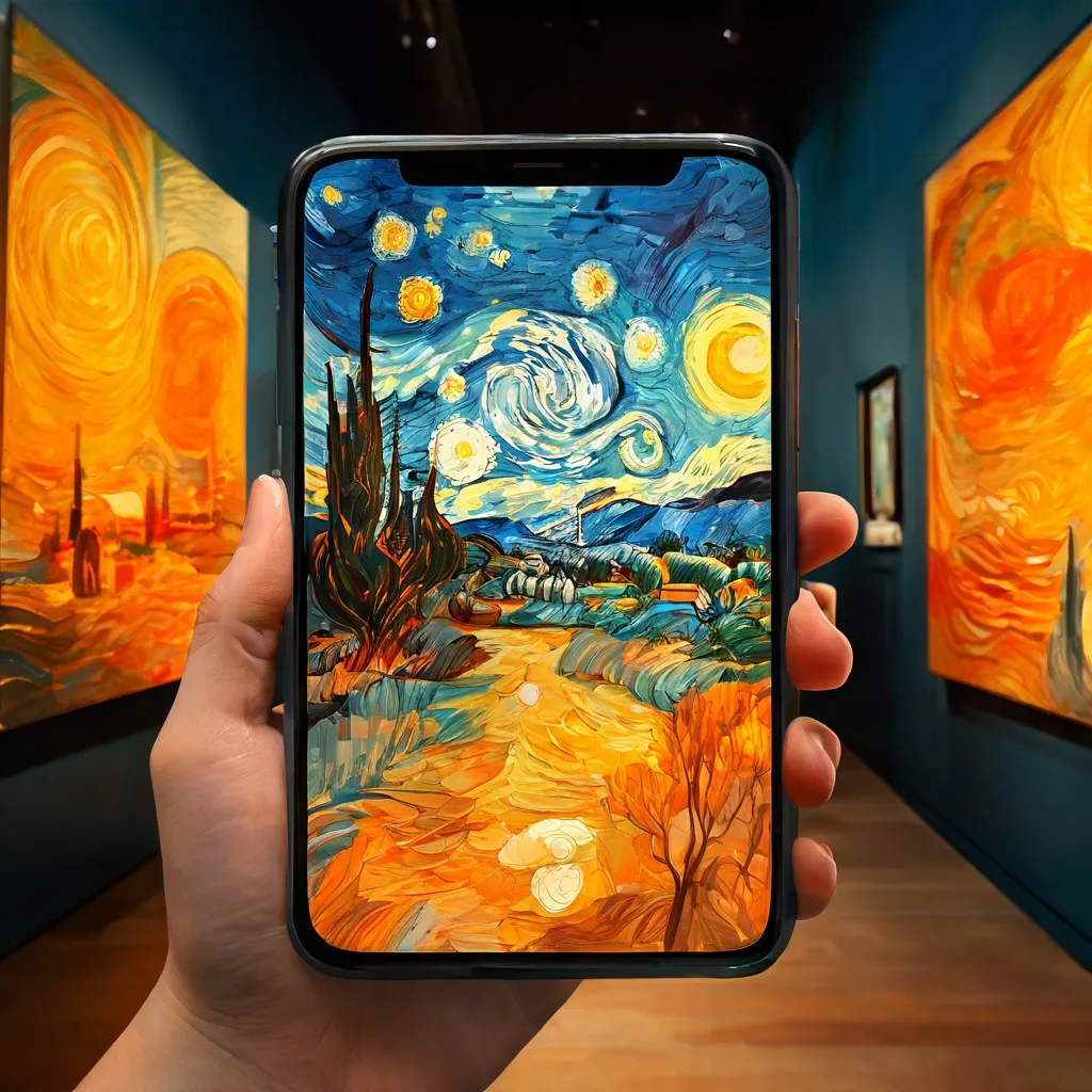 Una vista de primer plano de la pantalla de un smartphone que muestra la interfaz de la nueva app del Museo Van Gogh, con una pintura famosa de Vincent van Gogh e información contextual.