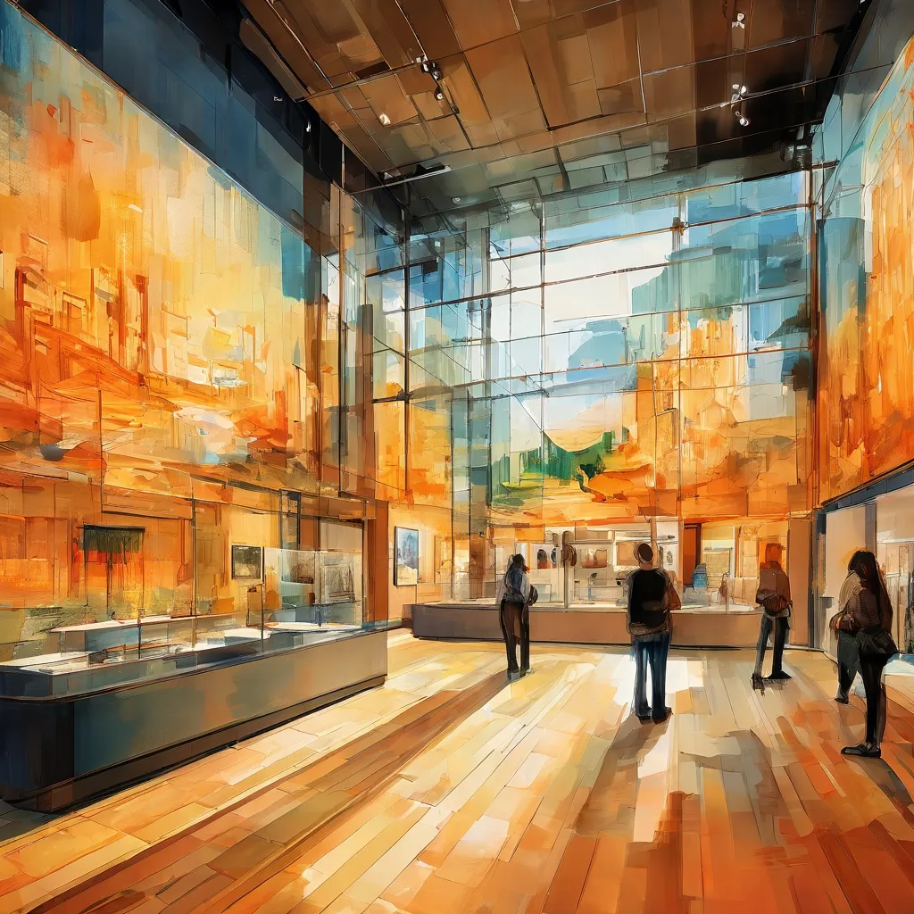 Una detallada representación digital de una galería del Museo Van Gogh, que muestra pinturas famosas expuestas en pantallas virtuales, con visitantes explorando el espacio a través de interfaces digitales.