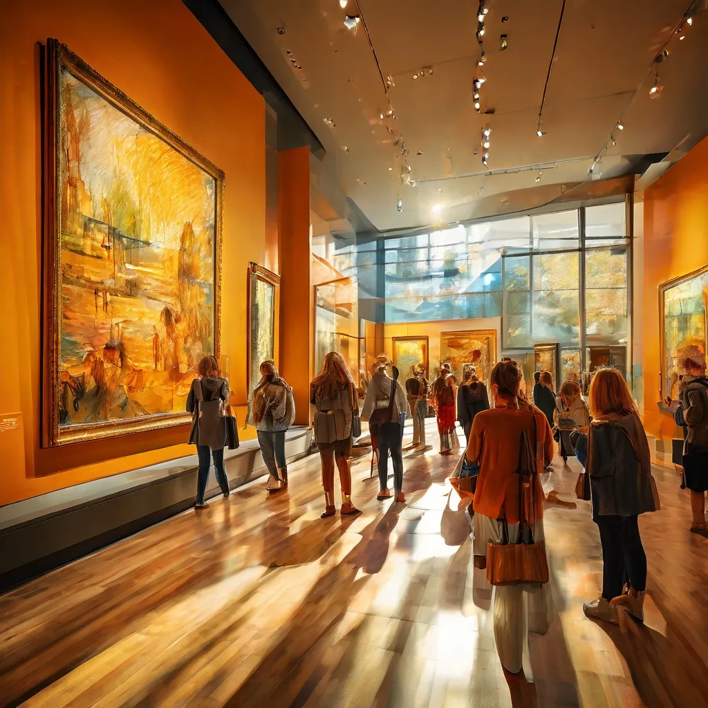 Een levendige en uitnodigende scène binnen het Van Gogh Museum, met talloze bezoekers die zich bezighouden met kunst, wat de populariteit van het museum weerspiegelt.