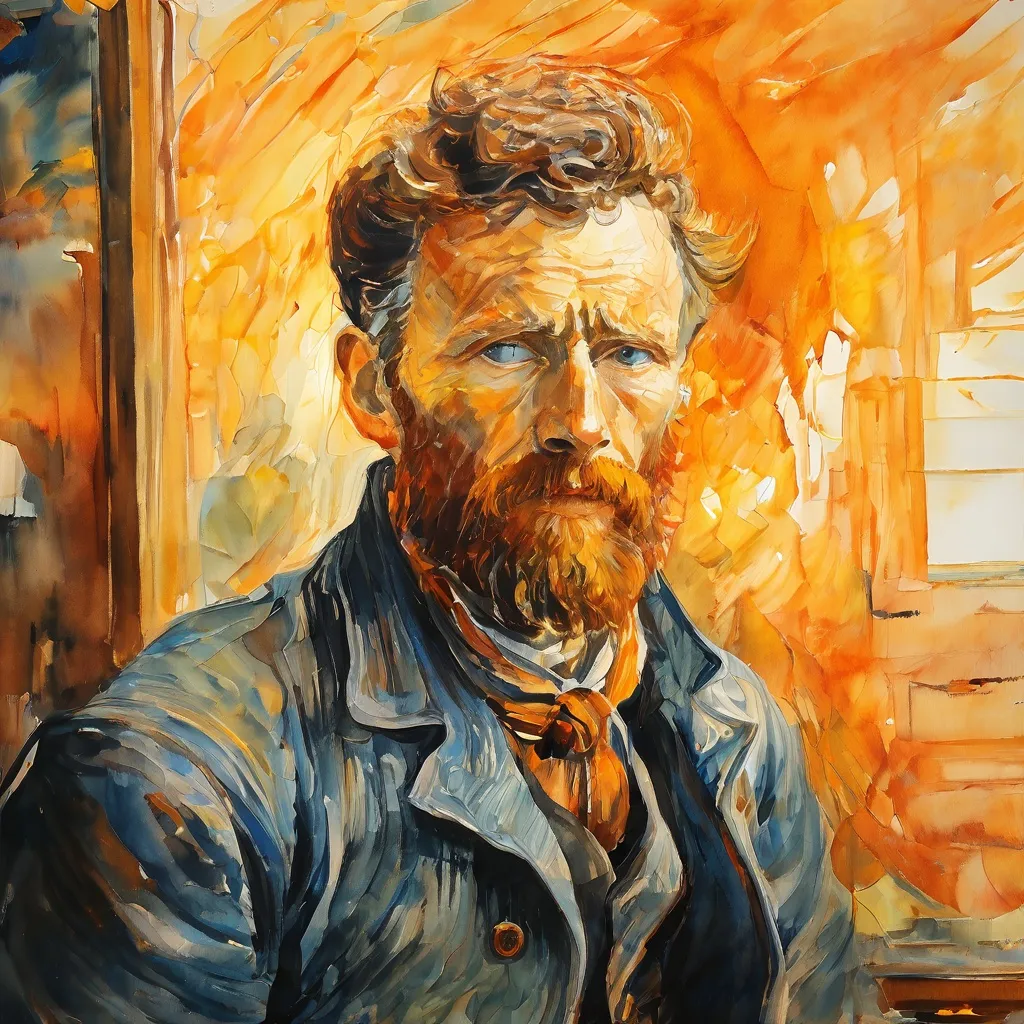 Obrazowy portret w klasycznym stylu Vincenta van Gogha, z żywymi kolorami i grubymi pociągnięciami pędzla, na subtelnym tle muzealnym w Muzeum Van Gogha.