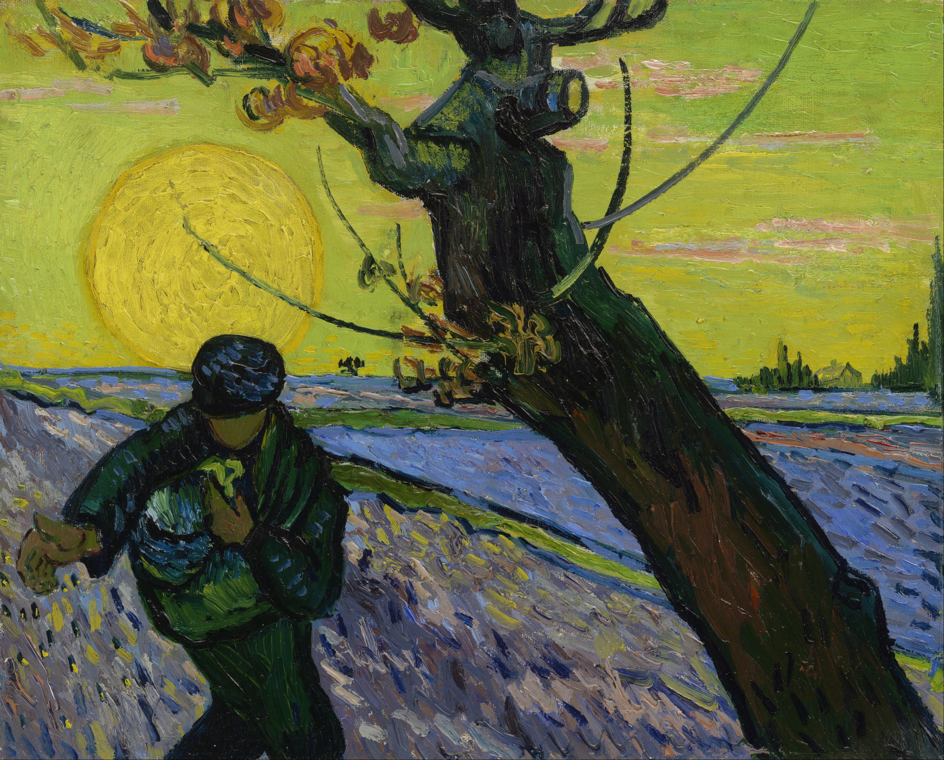 La pintura de Vincent van Gogh de un sembrador en un campo con un gran sol amarillo y un árbol oscuro