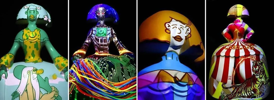 Four futuristic figures with colorful projections, including a green figure with a helmet, a purple figure with a glowing head, a blue figure with a clown face, and a red and white striped figure with a tiger pattern.