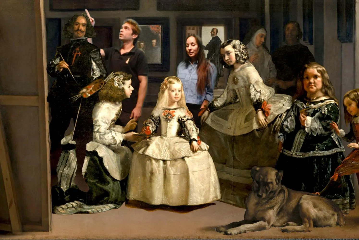 A digital recreation of Velázquez's 'Las Meninas' with figures from the painting displayed in a modern, immersive environment with light projections.