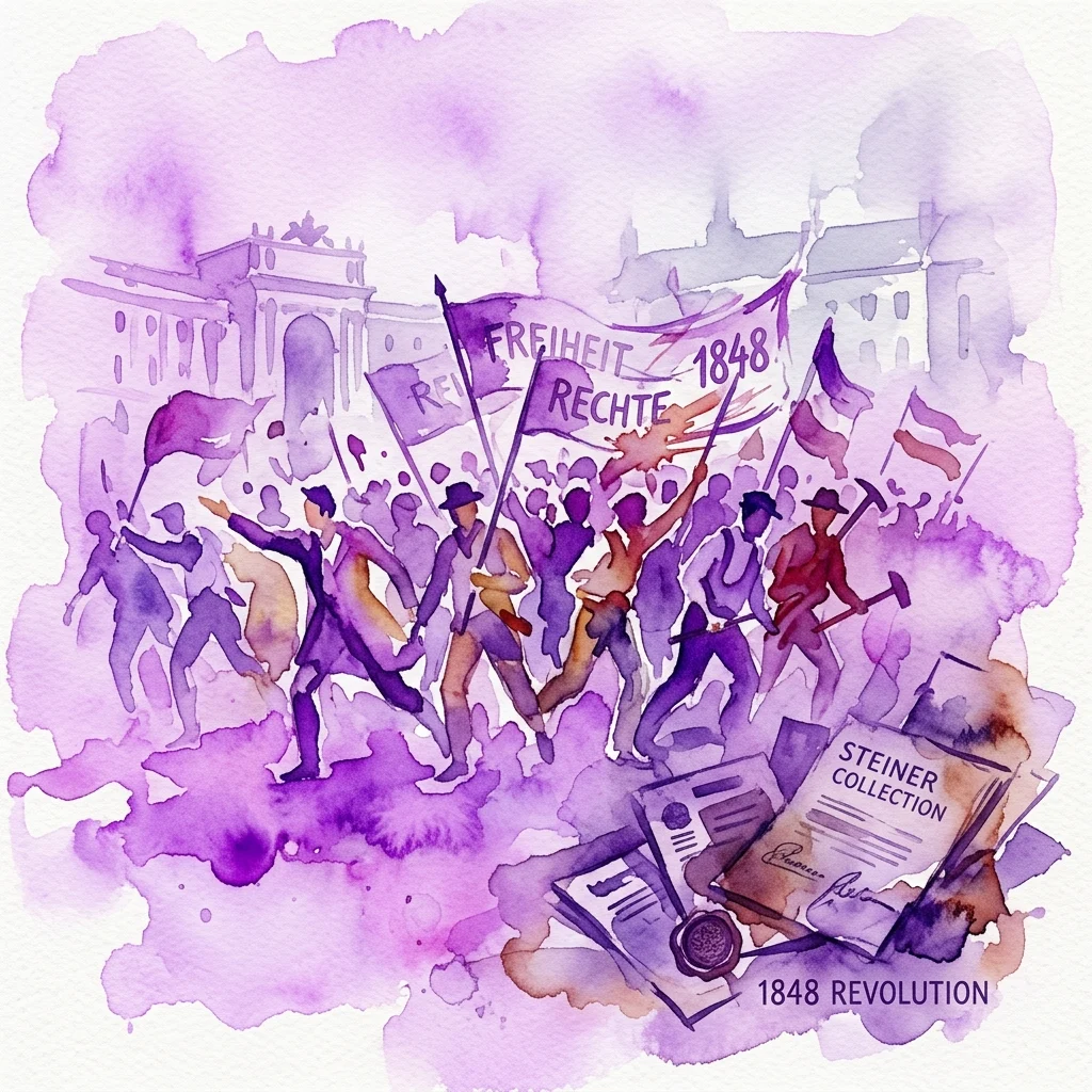 Ilustración en acuarela de la revolución austriaca de 1848, que muestra a ciudadanos marchando con banderas que dicen 'Freiheit Rechte 1848' y documentos de la Colección Steiner, simbolizando la lucha por la libertad y los derechos civiles.