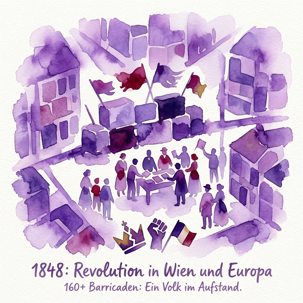 Ilustración en acuarela que representa la revolución de 1848 en Viena y Europa, mostrando ciudadanos en barricadas, símbolos revolucionarios y una sensación de agitación política.