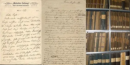 Dos documentos manuscritos y una estantería con libros antiguos