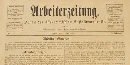 Página de periódico histórico titulada 'Arbeiterzeitung' con texto en alemán y el subtítulo 'Organ der österreichischen Sozialdemokratie'