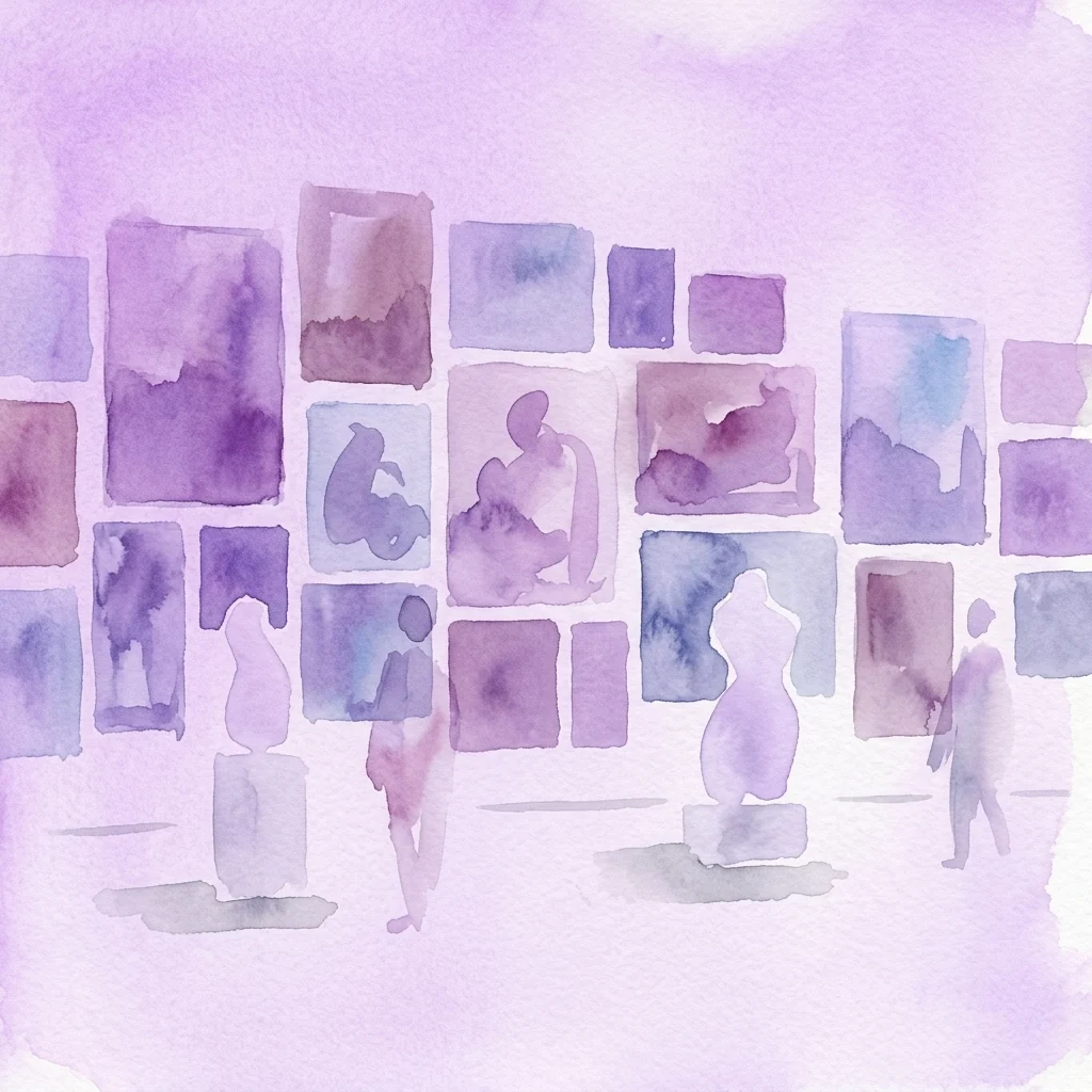 Acuarela en tonos morados y lavanda que representa la pared de una galería con obras de arte enmarcadas y figuras silueteadas contemplando la exposición.