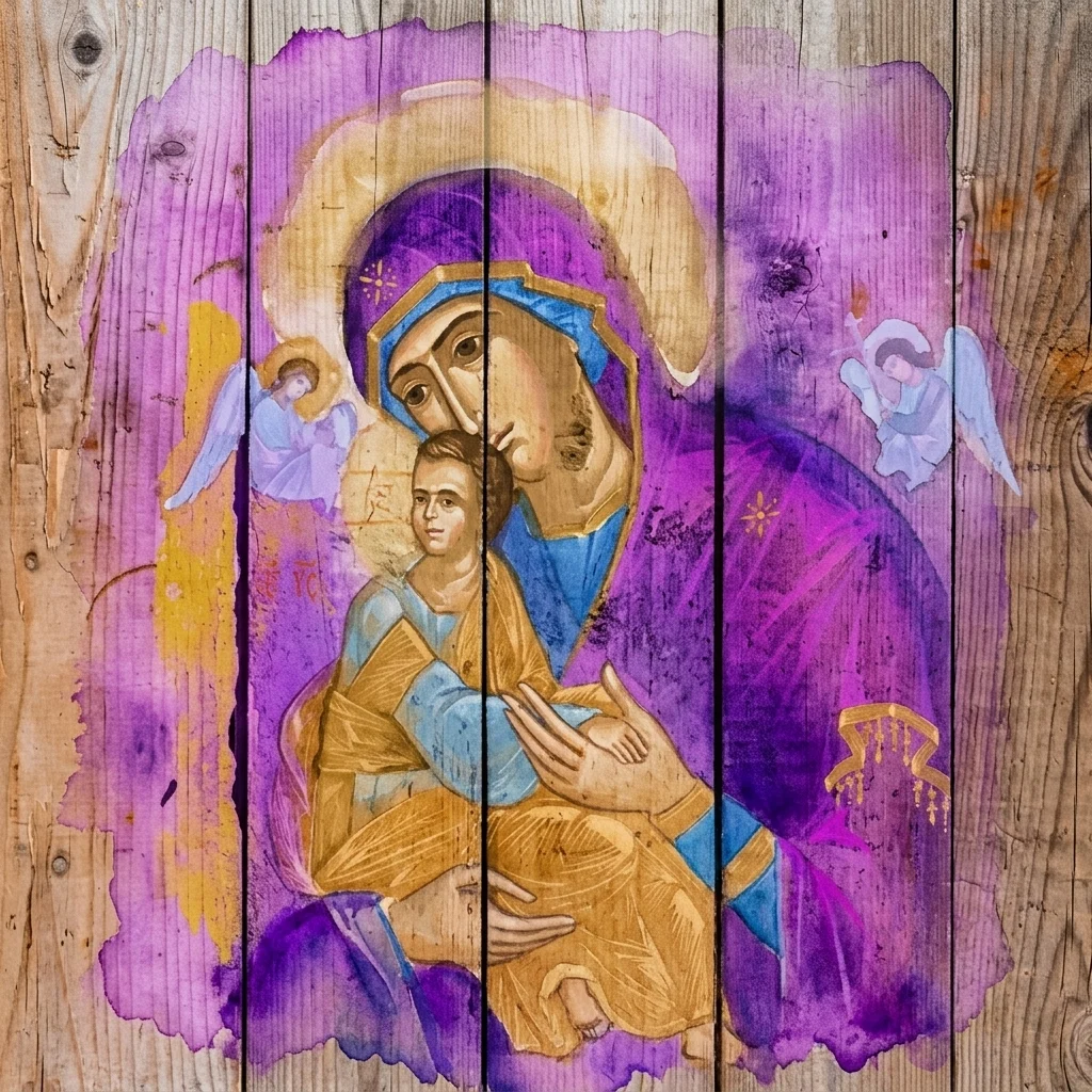 Icono de la Virgen con el Niño al estilo bizantino pintado sobre tablas desgastadas de una caja de municiones, en tonos púrpura, dorado y azul, flanqueado por dos pequeños ángeles.