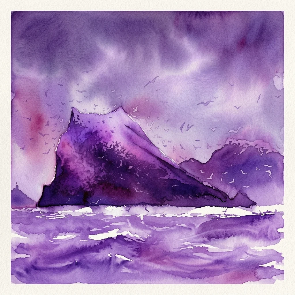 Paisaje marino costero en acuarela de tonos morados que muestra un escarpado pico rocoso alzándose sobre aguas turbulentas, con aves marinas sobrevolando bajo un cielo nublado y dramático.