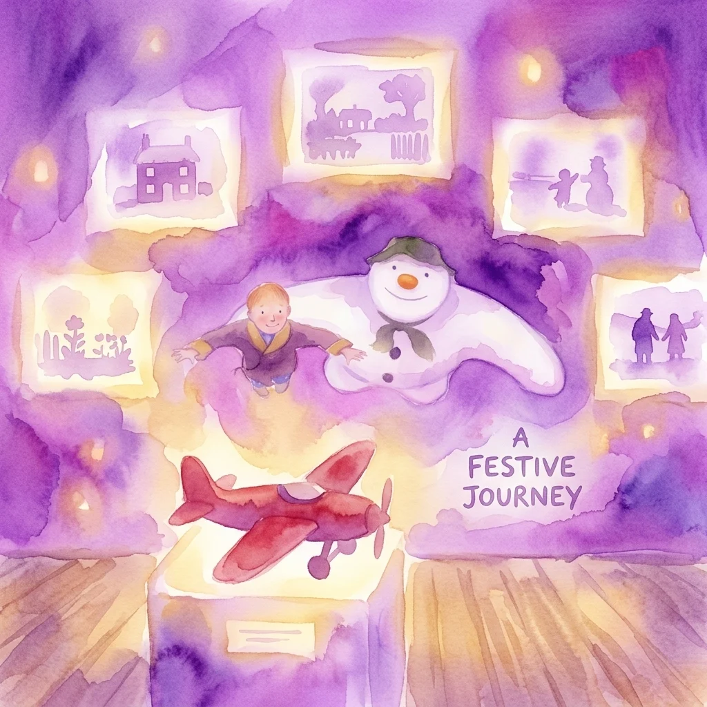 Exhibición que muestra al muñeco de nieve y al niño en un entorno de acuarela púrpura, un avión de juguete rojo sobre un pedestal, ilustraciones de siluetas enmarcadas y el texto 'A Festive Journey'.