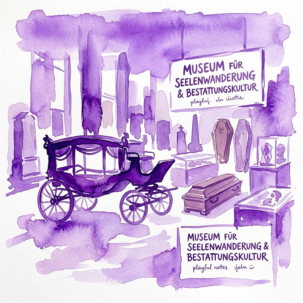 Ilustracja akwarelowa Bestattungsmuseum, prezentująca historyczne artefakty pogrzebowe, w tym karawan, trumny i gabloty, z napisem „Museum für Seelenwanderung & Bestattungskultur” w odcieniach fioletu.