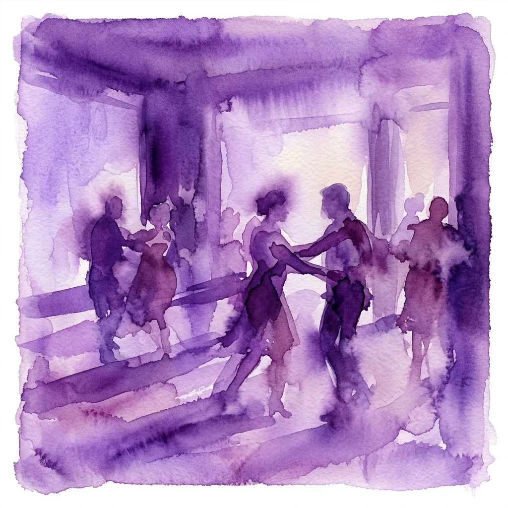 Una pintura de acuarela morada que representa siluetas de personas en un espacio con poca luz, representando la experiencia inmersiva de Dialog im Dunkeln, donde los visitantes navegan en la oscuridad para comprender la discapacidad visual.