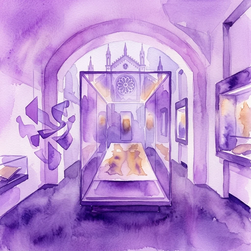 Ilustracja akwarelowa wnętrza Dom Museum Wien, przedstawiająca centralną gablotę z artefaktami historycznymi, otoczoną szklanymi wystawami i widokiem na Katedrę św. Szczepana przez łukowy otwór.