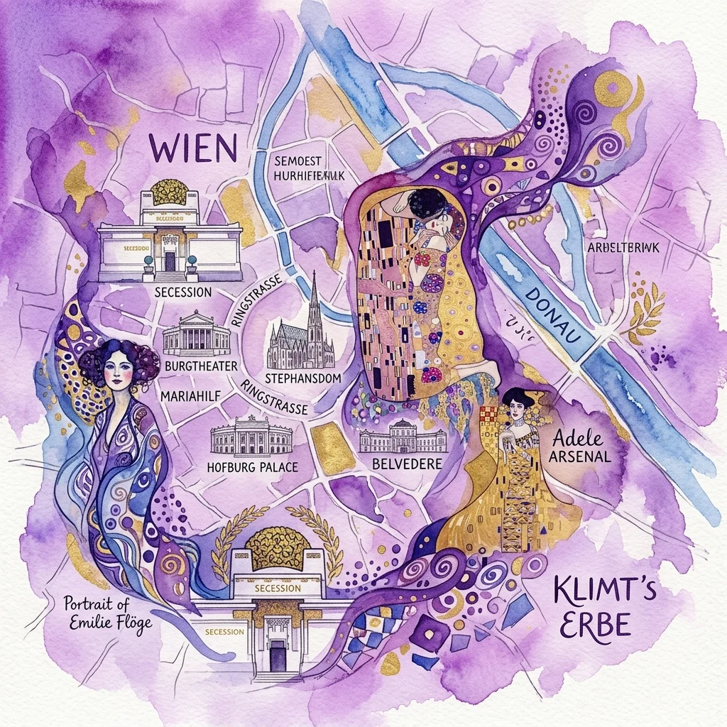 Stylizowana mapa akwarelowa Wiednia przedstawiająca dzieła Gustava Klimta, w tym „Pocałunek” i „Portret Emilii Flöge”, nałożona na kluczowe miejsca, takie jak Belweder i Secesja, podkreślając jego spuściznę artystyczną w całym mieście.
