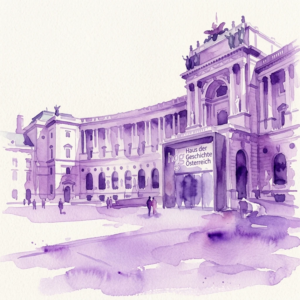 Ilustracja akwarelowa wejścia do muzeum Haus der Geschichte Österreich na placu Heldenplatz w Wiedniu, przedstawiająca wspaniałą architekturę Hofburga i tablicę z nazwą muzeum.