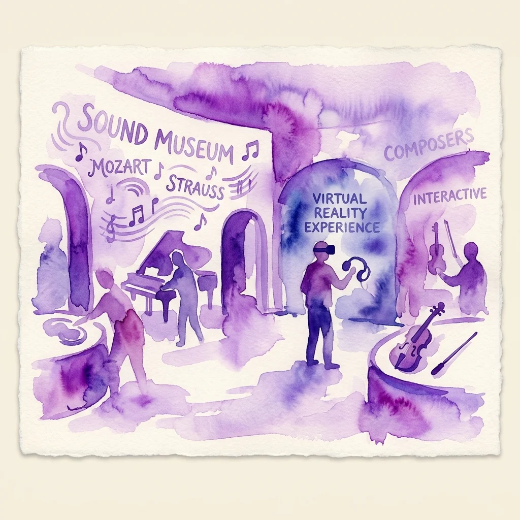 Ilustracja akwarelowa Haus der Musik, interaktywnego muzeum dźwięku prezentującego wystawy poświęcone Mozartowi i Straussowi, doświadczenia wirtualnej rzeczywistości oraz instrumenty muzyczne.