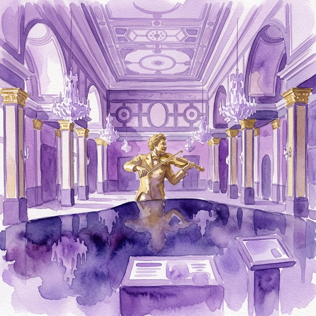 Ilustracja akwarelowa wnętrza Domu Straussa, przedstawiająca złotą statuę skrzypka, ozdobne fioletowe kolumny, żyrandole i interaktywne wystawy w wielkiej sali koncertowej.