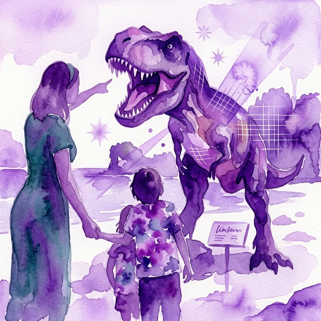 Ilustracja akwarelowa przedstawiająca kobietę i dziecko obserwujące dużą, fioletową wystawę Tyrannosaurus rex w muzeum, z dynamicznymi projekcjami świetlnymi i interaktywnymi ekspozycjami.
