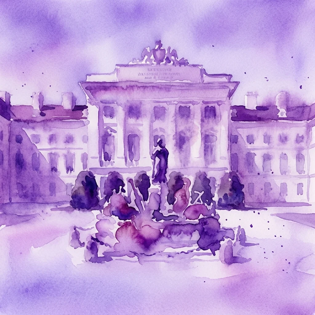 Akwarela przedstawiająca Muzeum Historii Medycyny Josephinum w Wiedniu, z jego klasycystyczną fasadą i centralną fontanną w purpurowych barwach.