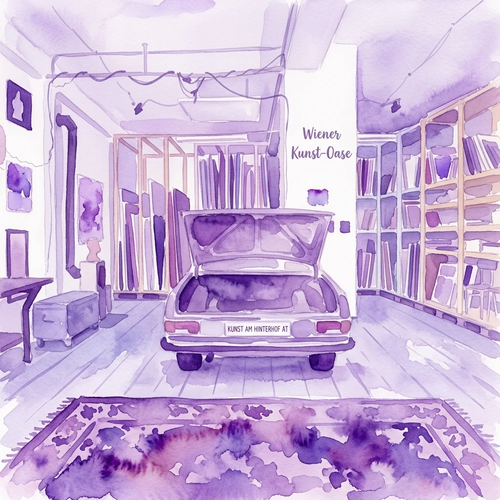 Waterverfillustratie van een kunstgalerie-interieur met een auto in het midden, omringd door boekenplanken en kunstwerken, met het label 'Wiener Kunst-Oase' en 'KUNST AM HINTERHOF AT'.