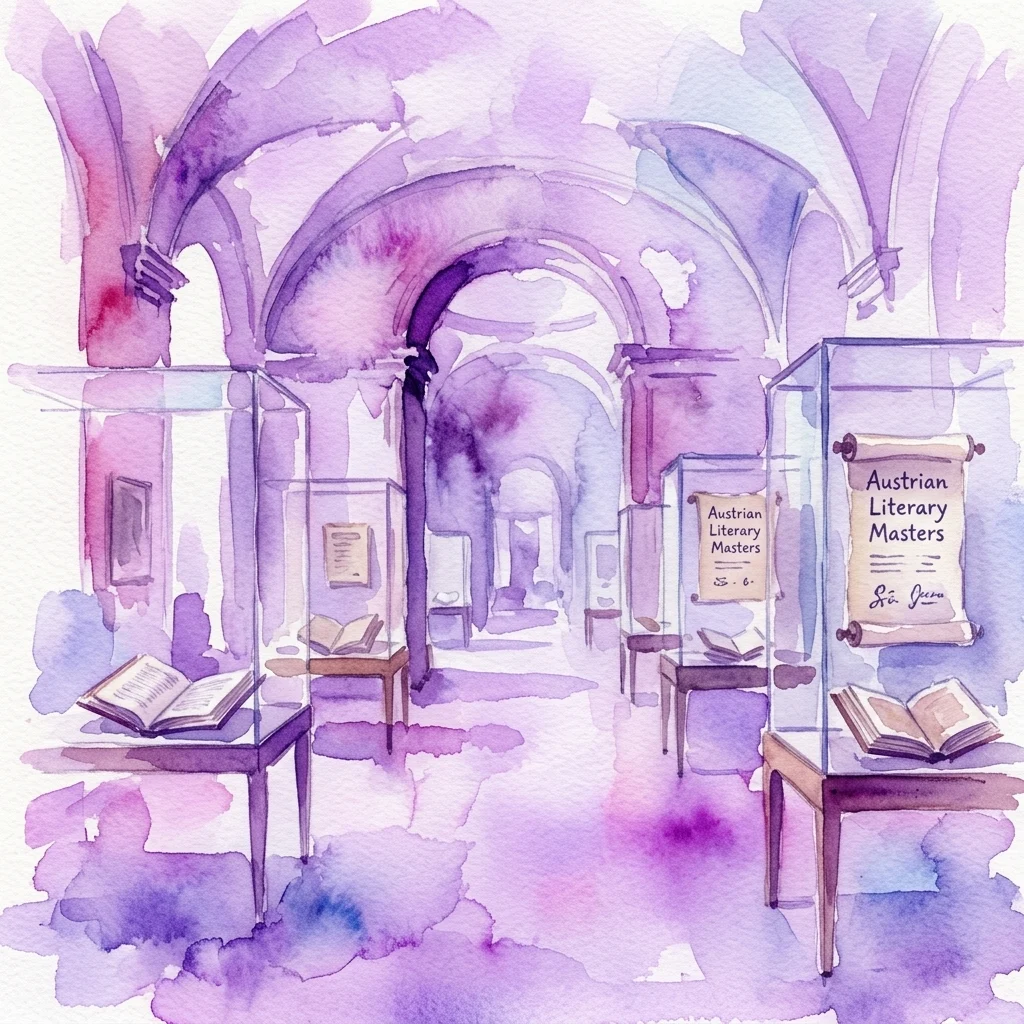 Ilustración en acuarela del Museo de Literatura de la Biblioteca Nacional de Austria, con pasillos arqueados, vitrinas de cristal con manuscritos y un letrero de Maestros Literarios Austriacos.