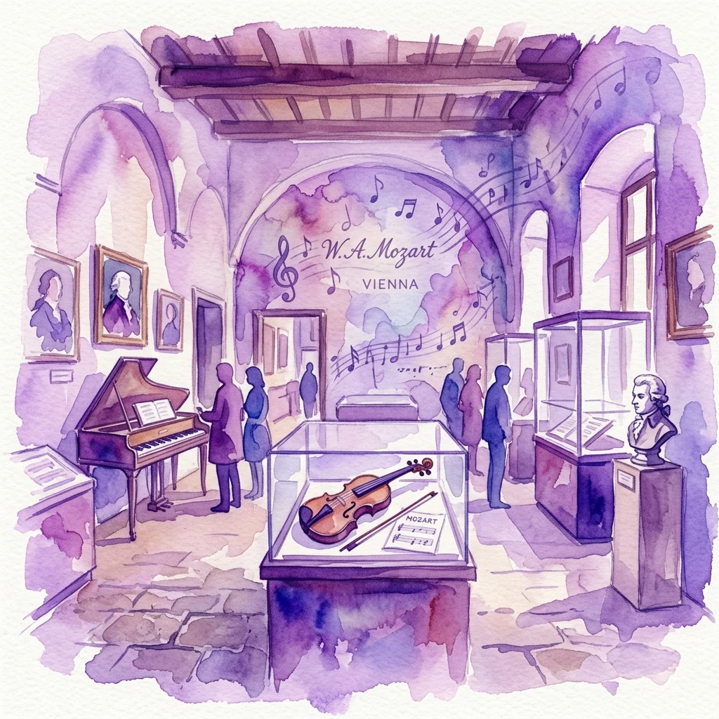 Ilustracja akwarelowa wnętrza Mozarthaus Wiedeń, przedstawiająca fortepian, skrzypce w szklanej gablocie, portrety Mozarta i zwiedzających odkrywających muzealne eksponaty.
