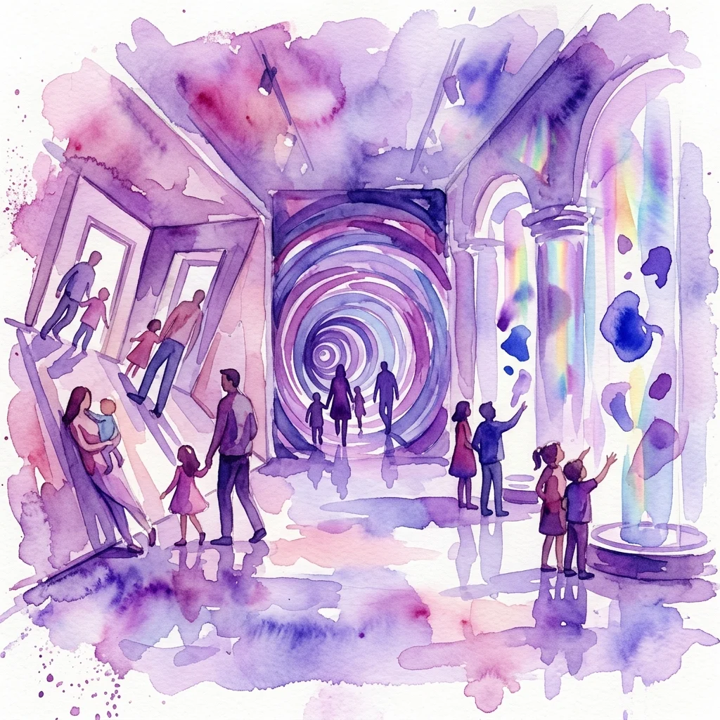 Una ilustración artística en acuarela de visitantes explorando el Museum der Illusionen Wien, con un túnel de vórtice arremolinado, habitaciones distorsionadas y exhibiciones interactivas de ilusiones ópticas en una caprichosa paleta de colores morados y rosas.