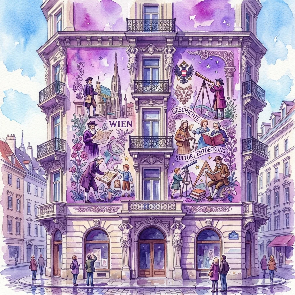 Una vibrante ilustración en acuarela de la fachada de un edificio vienés con un colorido mural de figuras históricas, telescopios y las palabras 'WIEN', 'GESCHICHTE' y 'KULTUR/ENTDECKUNG', que representa el Museum des Hinaufschauens.