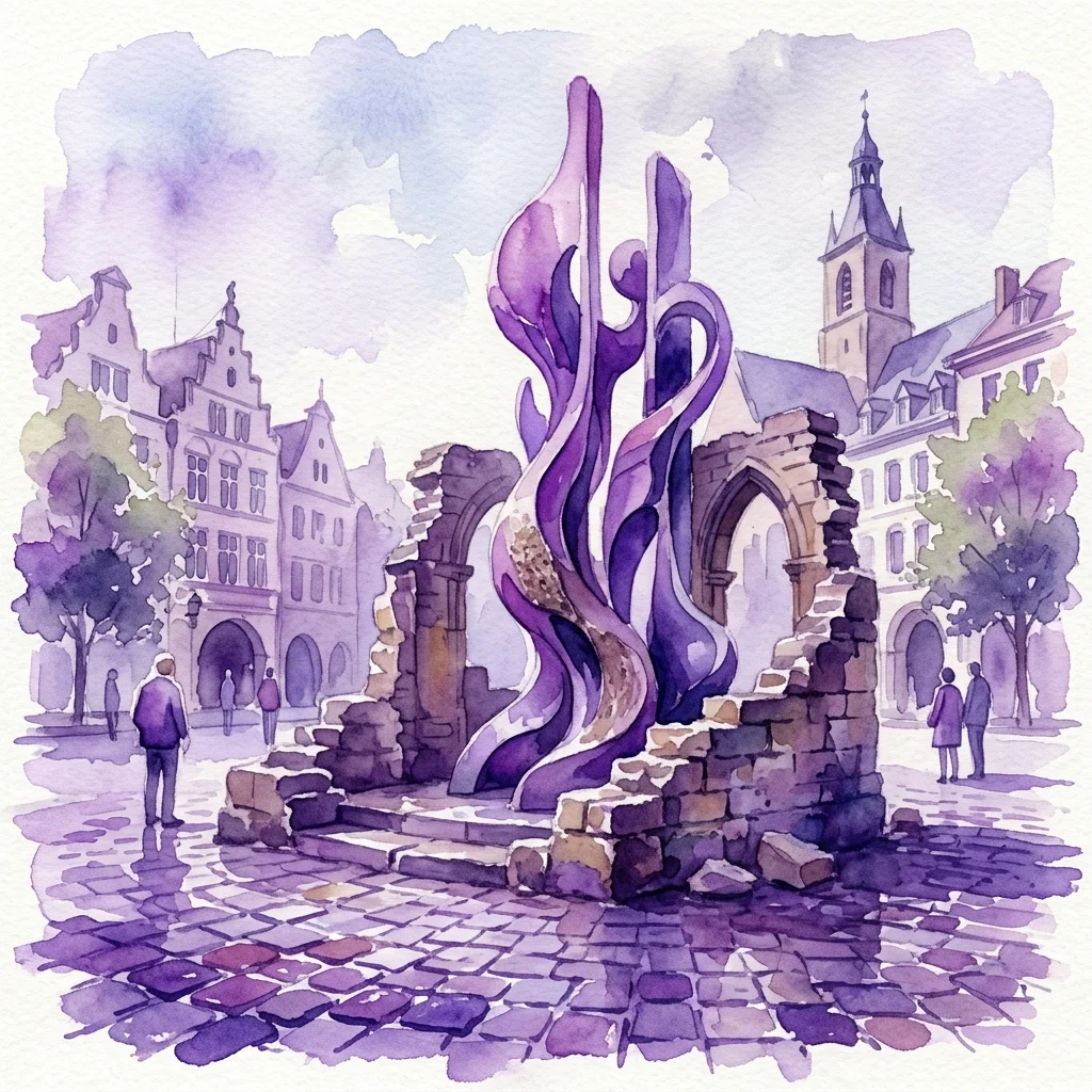 Ilustracja akwarelowa pomnika Museum Judenplatz, przedstawiająca abstrakcyjną fioletową rzeźbę Rachel Whiteread nad ruinami średniowiecznej synagogi, umieszczona na brukowanym placu z zabytkowymi europejskimi budynkami.