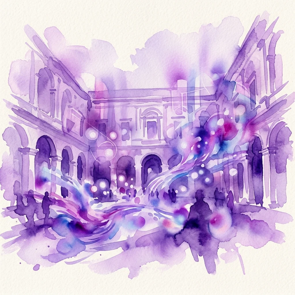 Een aquarelillustratie van een barokke binnenplaats met paarse en blauwe AI-gegenereerde lichtprojecties, die de meeslepende kunstinstallaties van het Museum of Change voorstellen.