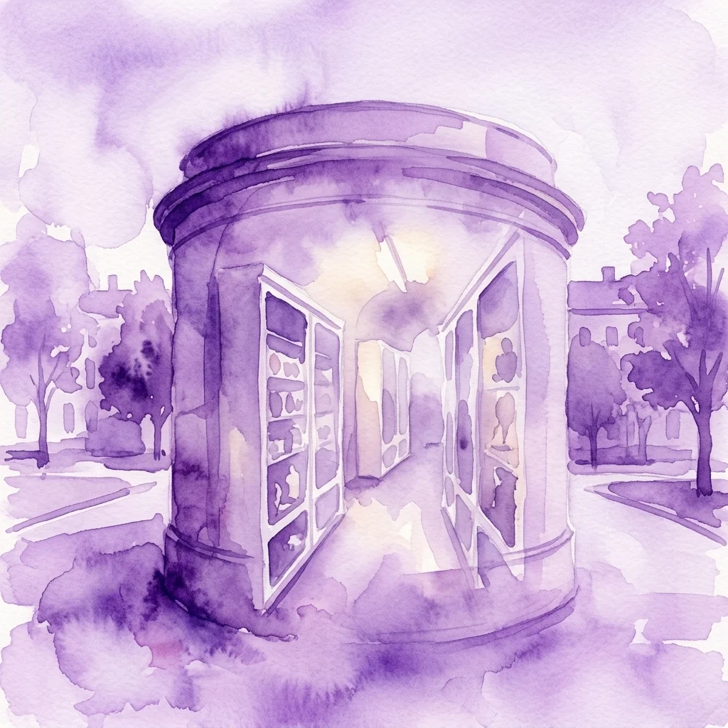 Ilustracja akwarelowa Narrenturm, zabytkowego okrągłego budynku mieszczącego Kolekcję Patologiczno-Anatomiczną Muzeum Historii Naturalnej w Wiedniu, z widocznymi przez otwarte drzwi eksponatami medycznymi.