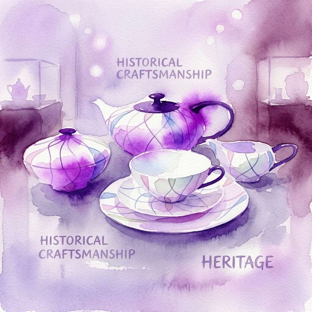 Ilustracja akwarelowa wiedeńskiego porcelanowego serwisu do herbaty ze skomplikowanymi wzorami, prezentowana w muzealnej scenerii z miękkim fioletowym oświetleniem, podkreślająca historyczne rzemiosło i dziedzictwo.
