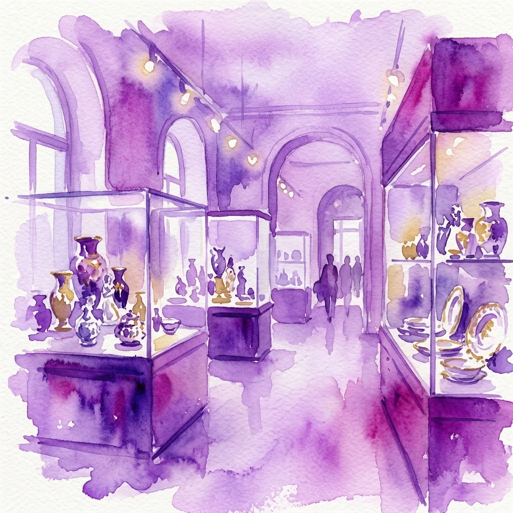 Waterverfillustratie van het interieur van het Porseleinmuseum Augarten, met glazen vitrines met Weense porseleinen artefacten onder warm licht, en bezoekers die de elegante galerie verkennen.