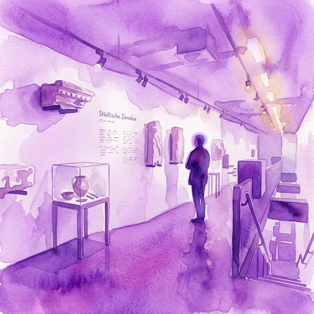 A watercolor illustration of a museum gallery with Roman artifacts, including pottery and architectural fragments, displayed under track lighting. A visitor stands observing the exhibit labeled 'Städtische Zenobia' in a purple-hued space.
