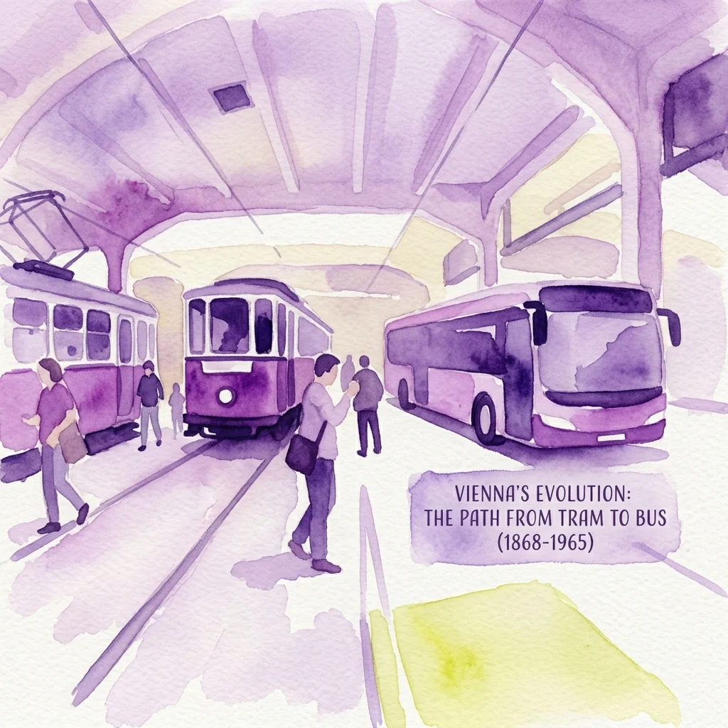 Ilustracja akwarelowa zabytkowego tramwaju i nowoczesnego autobusu w holu muzeum, przedstawiająca ewolucję wiedeńskiego transportu publicznego w latach 1868–1965.