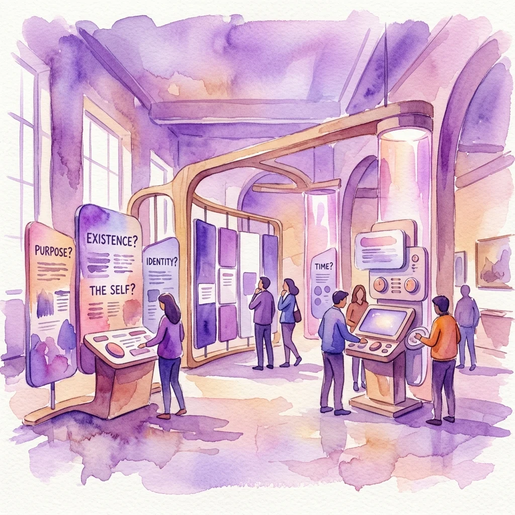 Interactieve tentoonstelling in het Viktor Frankl Museum in Wenen, met bezoekers die zich bezighouden met multimediale stations die existentiële thema's zoals doel, identiteit en betekenis verkennen in een reflectieve, paarse ruimte.