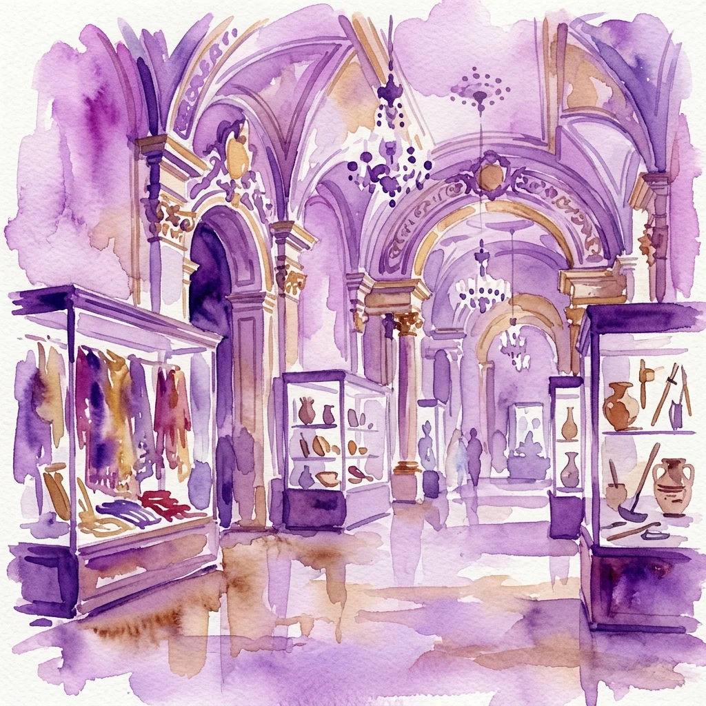 Ilustracja akwarelowa wnętrza Volkskundemuseum Wien, ukazująca łukowate korytarze, gabloty z historycznymi artefaktami, takimi jak ceramika i tekstylia, oraz ozdobne żyrandole w palecie fioletu i złota.