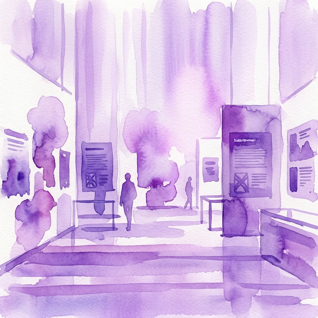 Interior of the Wiener Aktionismus Museum, a modern gallery space with purple watercolor-style displays and information panels about the Vienna Actionism art movement.