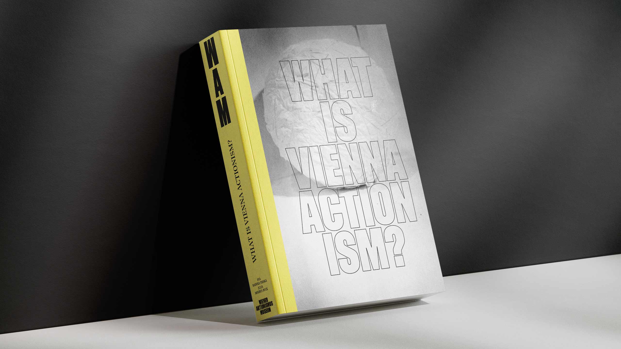 Książka z żółtym grzbietem i białym obwolutą zatytułowana 'What is Vienna Actionism?'