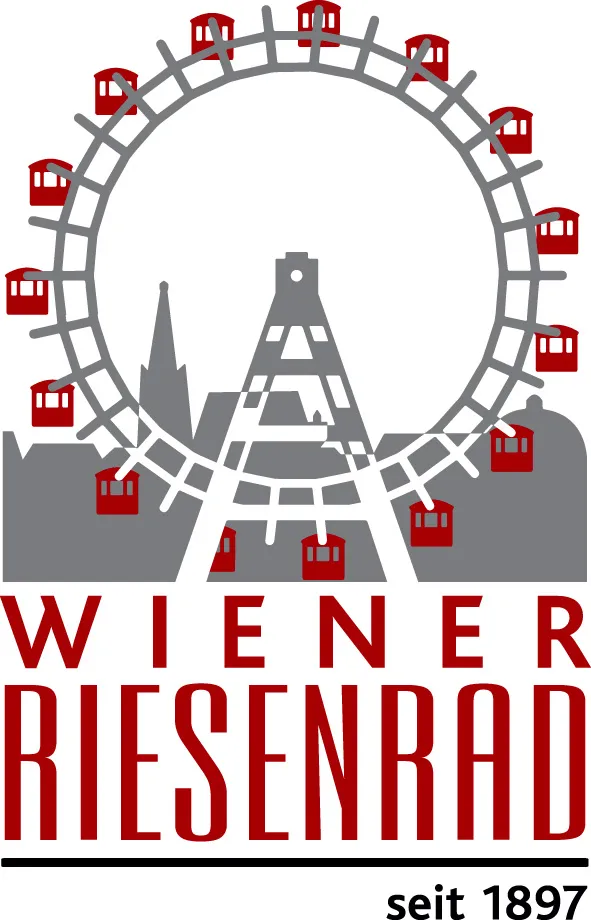 Stylizowane logo Wiener Riesenrad przedstawiające szarą diabelski młyn z czerwonymi kabinami, sylwetkę panoramy miasta i czerwony napis WIENER RIESENRAD oraz seit 1897