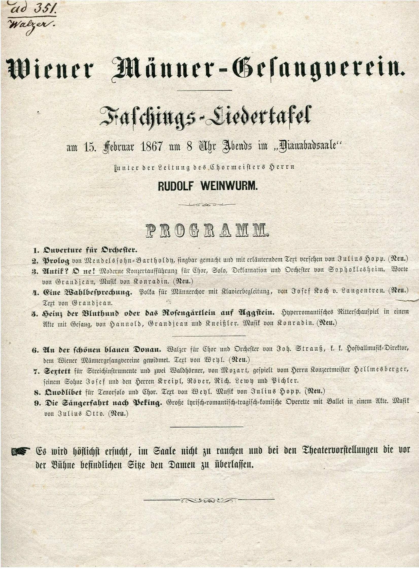 Programa histórico para un evento de 1867 de la Wiener Männer-Gesangverein, con texto en alemán y tipografía decorativa.