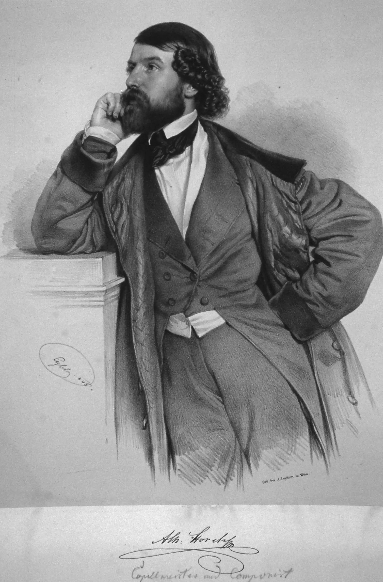 Retrato en blanco y negro de un hombre con barba y pelo rizado, vestido con abrigo y chaleco formales, apoyando la barbilla en la mano.